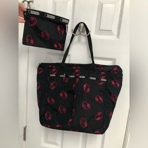 LeSportsac Sequin Lips Tote & Pouch Black Red Pink Zipper Nylon Hot